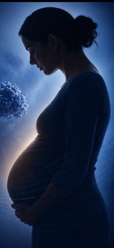 Silhouette of a pregnant woman against a dark blue background